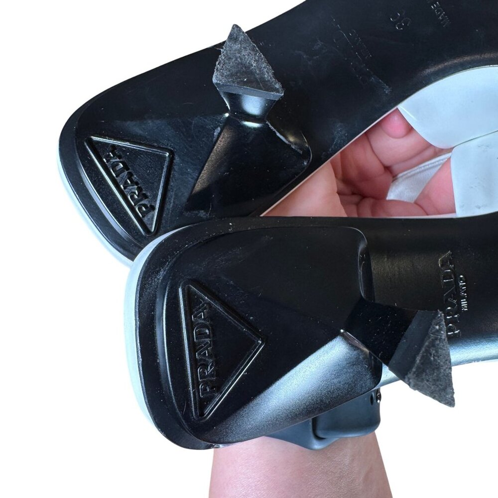 Prada White Spazzolato Triangle Logo 55M Pointed Toe Mules Heels Size 39 - Picture 13 of 13